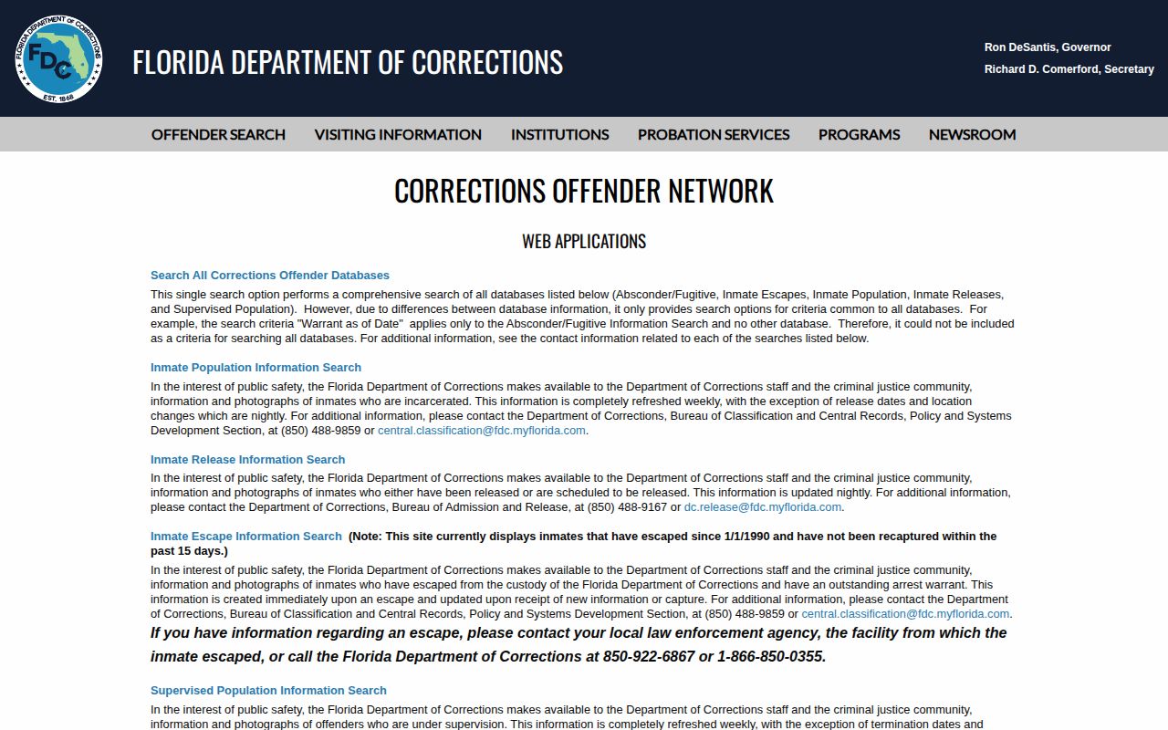 Florida Department of Corrections state offender search menu
